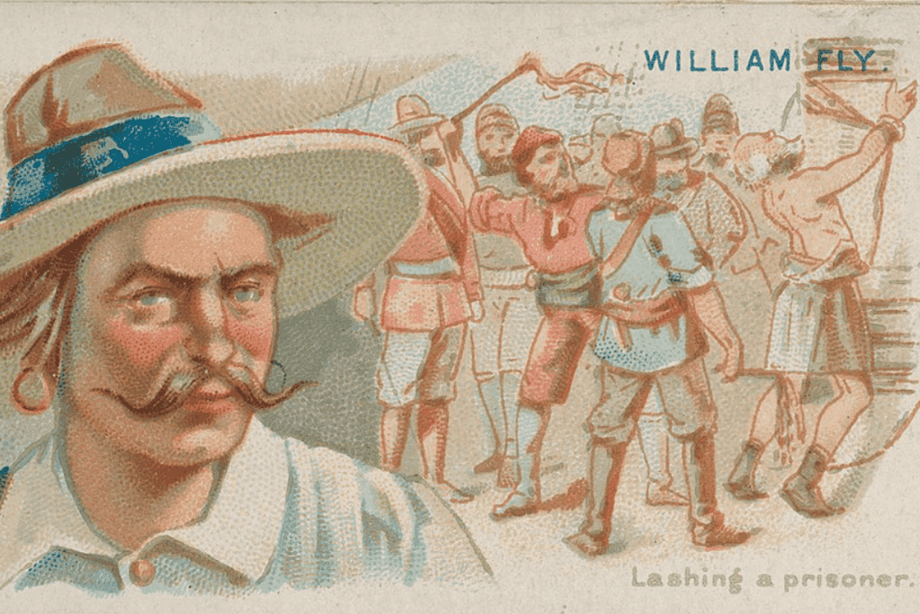 Image of a pirate trading card of buccaneer William Fly for a blog post covering the most infamous pirates in history.