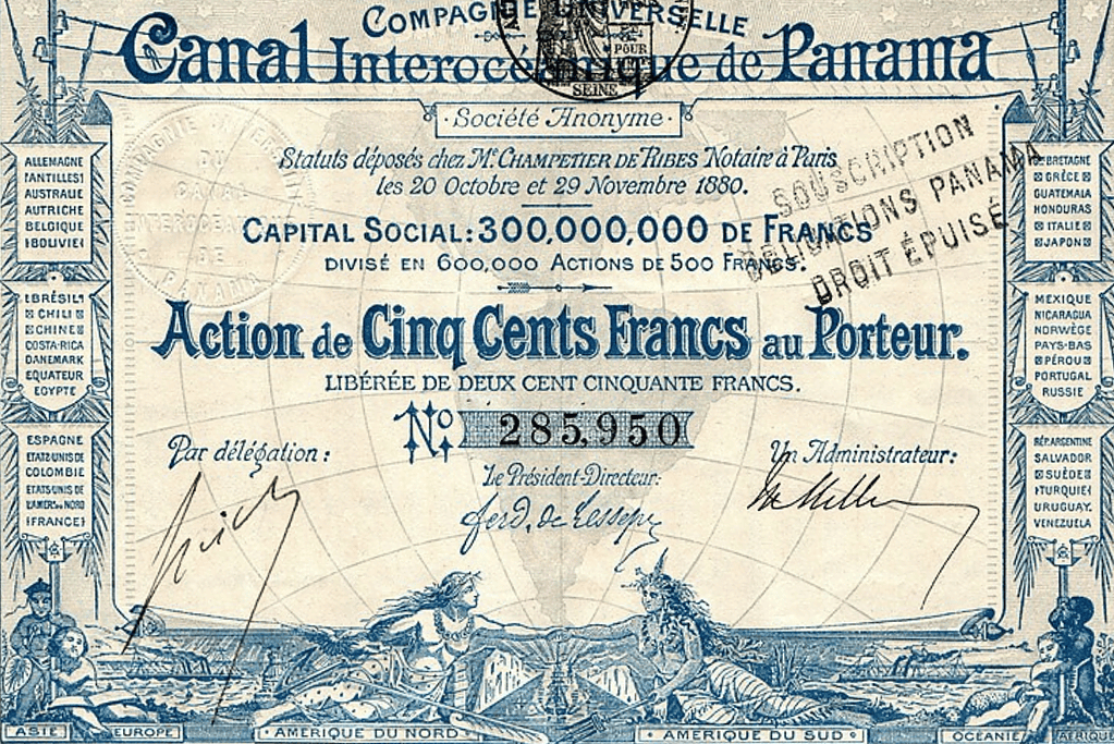 Image of a French stock certificate use to fund the construction of the canal for a blog post covering construction of the Panama Canal.